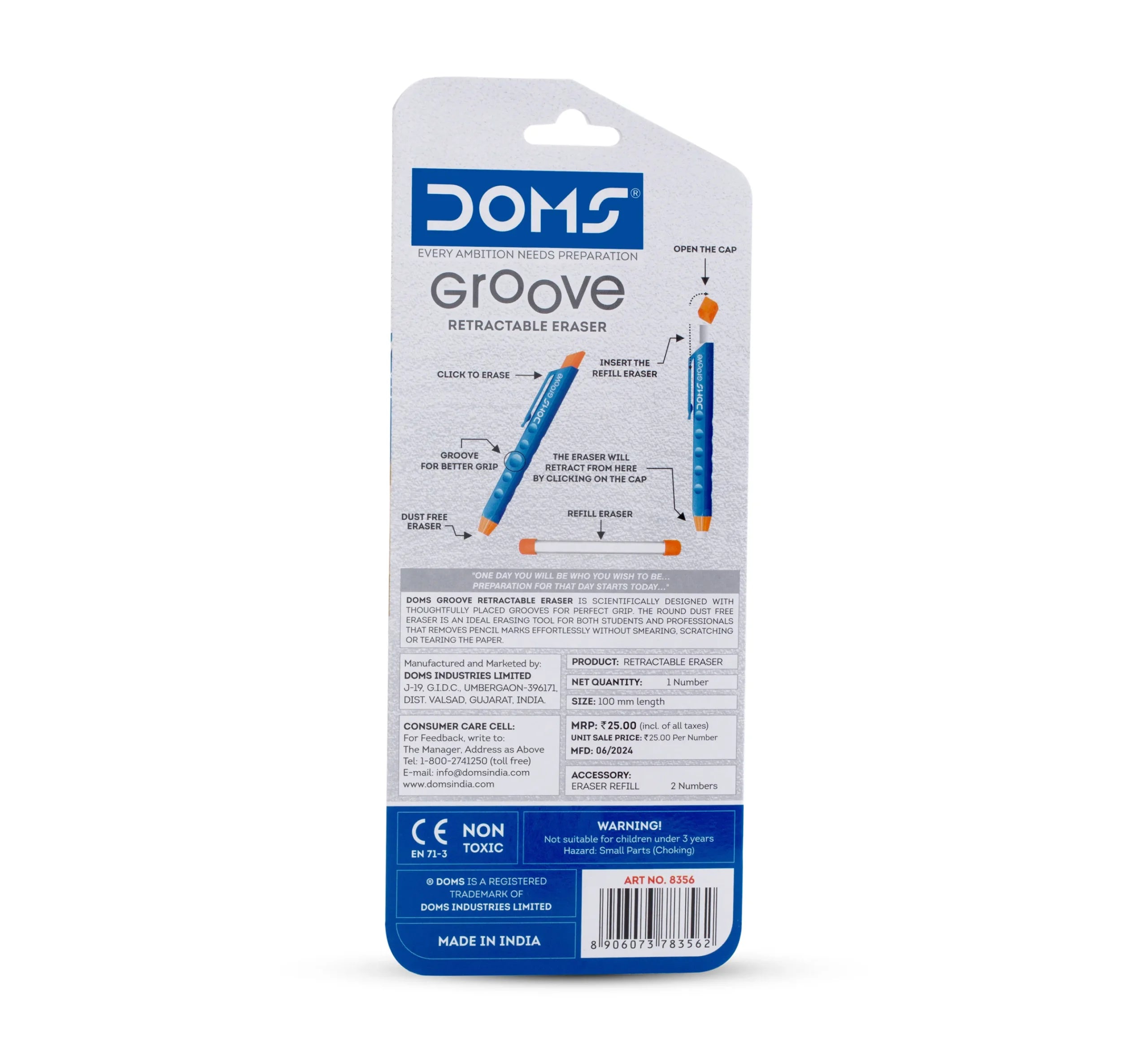 DOMS ERASER 8356 GROOVE RETRACTABLE ERASER DOMS ERASER 8356 GROOVE RETRACTABLE ERASER